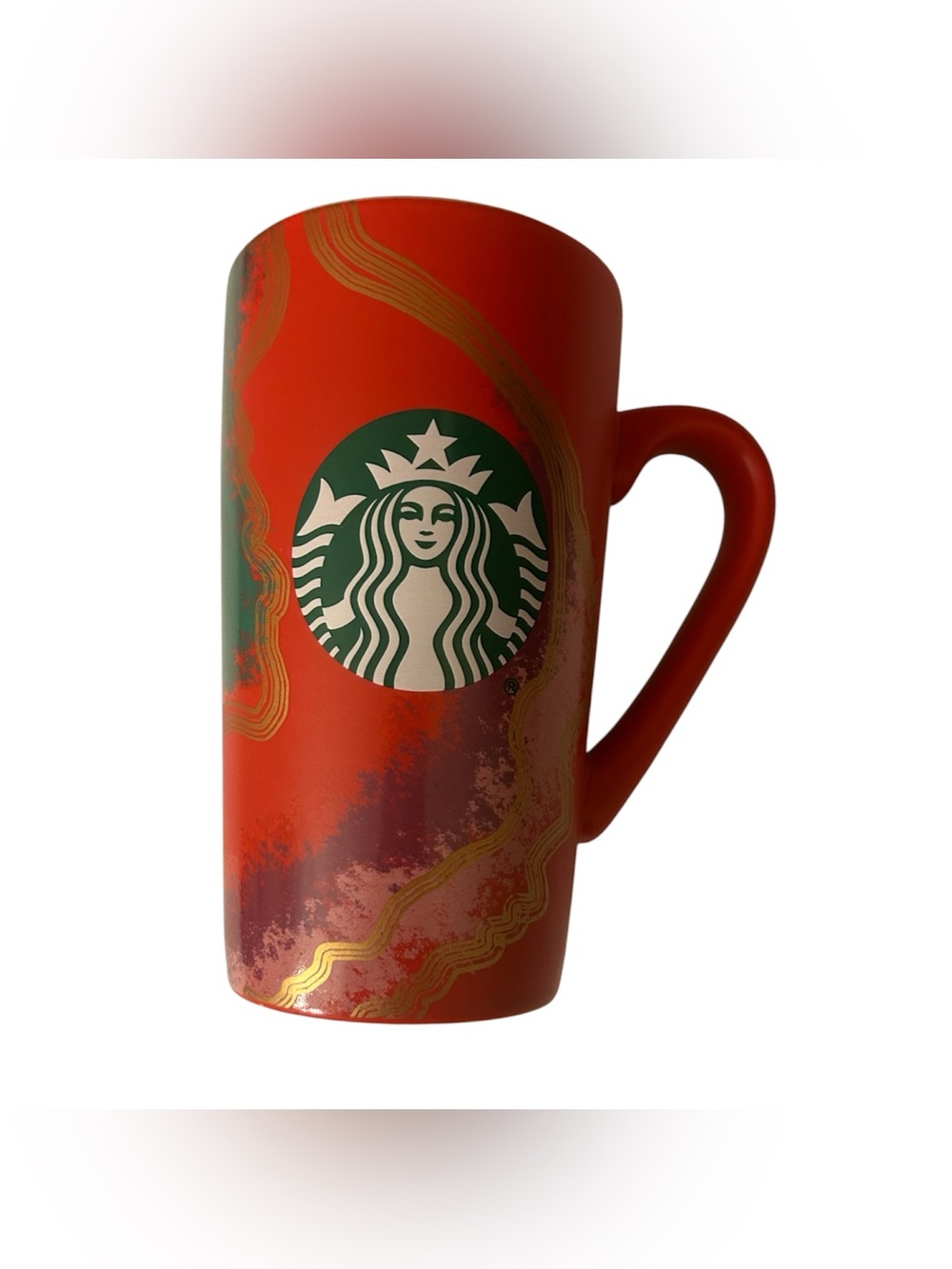 Starbucks Holiday 2021 Red Ceramic Coffee Mug Green Siren and Gold Swirl 16 oz